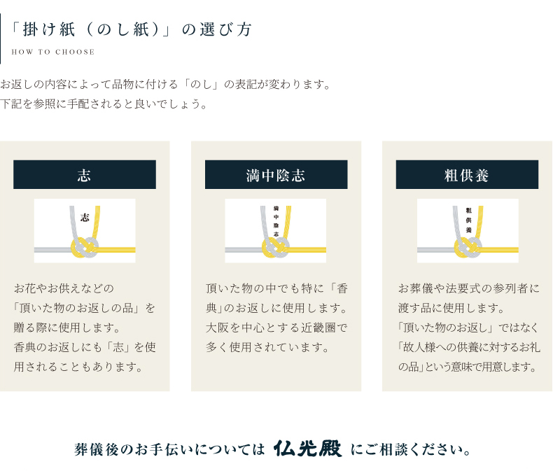 「掛け紙（のし紙）」の選び方 葬儀後のお手伝いについては仏光殿にご相談ください。